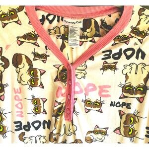 Grumpy Cat Pajama Set Women XL Pink Fleece Long Sleeve Pants Nope 1/4 Button